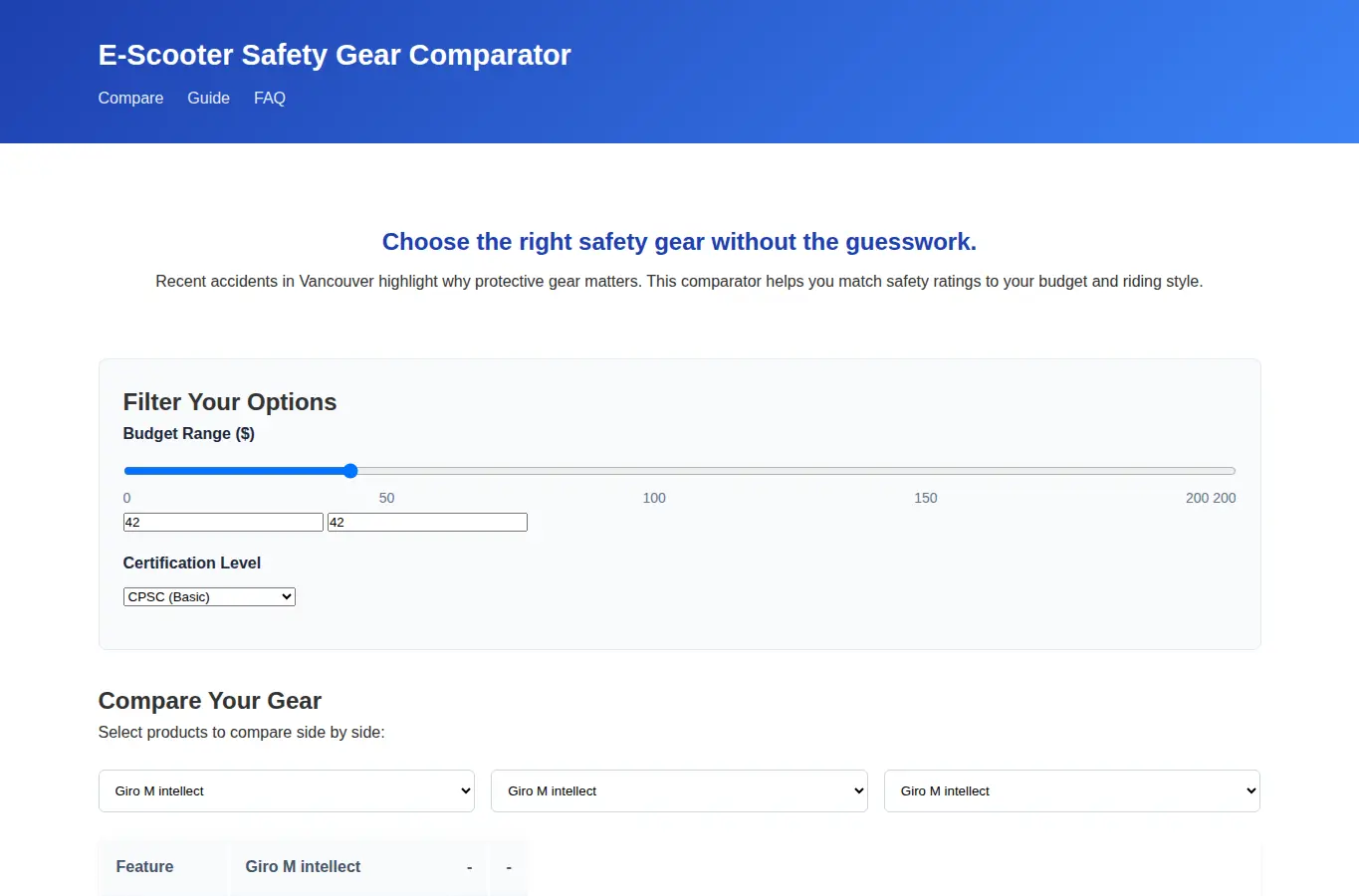 Screenshot of E-Scooter Safety Gear Comparator interface showing the project page in use